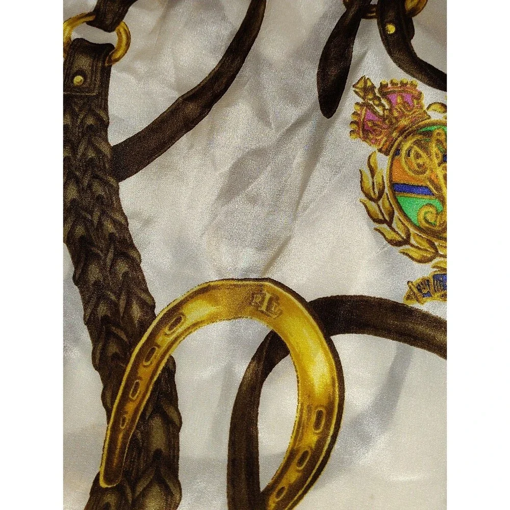 Vintage Ralph Lauren Equestrian Silk Oblong Scarf Crest Horseshoes Fringed